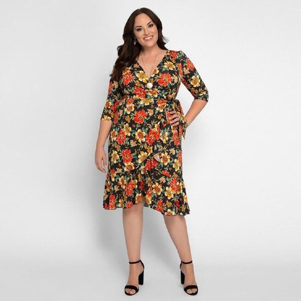 Kiyonna Flirty Flounce True Wrap Dress 2X Floral Ruffle Day to Night Party